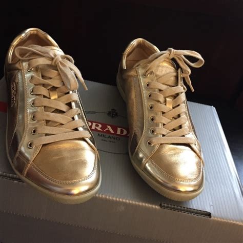 prada scalloped gold shoes|Prada gold sneakers.